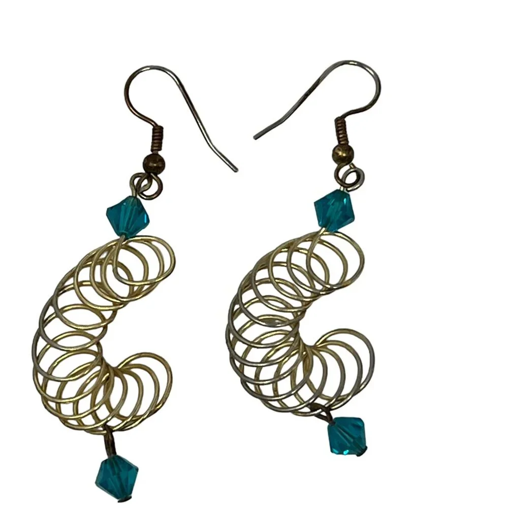Handcrafted Earrings Blue Beaded‎ Crystal Pierced Spiral Loops Dangle Wire